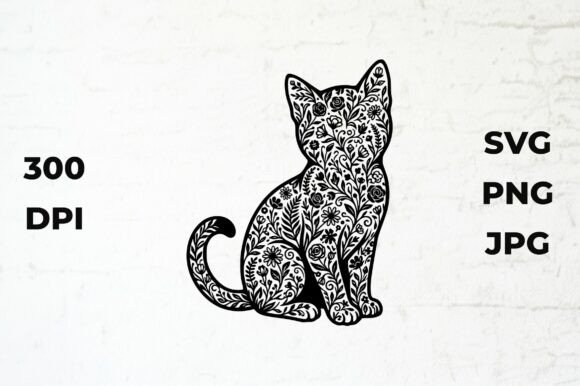 Black and White Floral Cat Silhouette Graphics Freebies