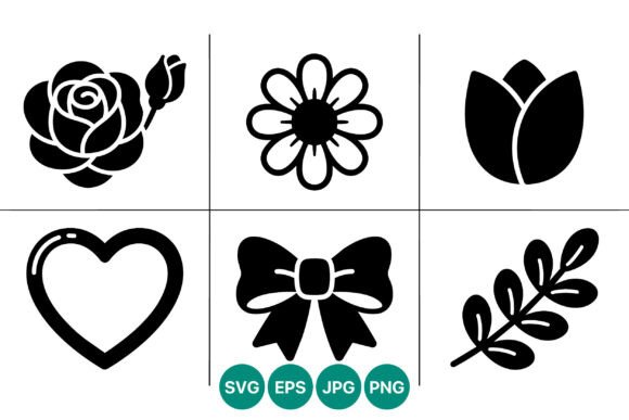 Black and White Floral Heart Bow Icons Graphics