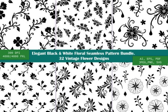 Black White Floral Pattern Bundle: Graphics and Illustrations for Digital Sellers