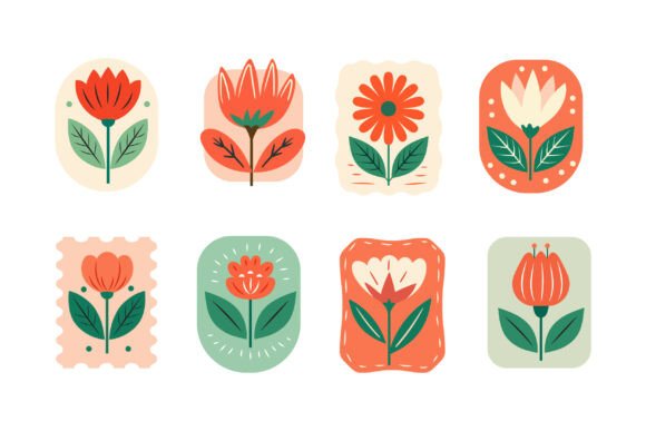 Boho Floral Icons with Colorful Folk Art Graphics and Illustrations