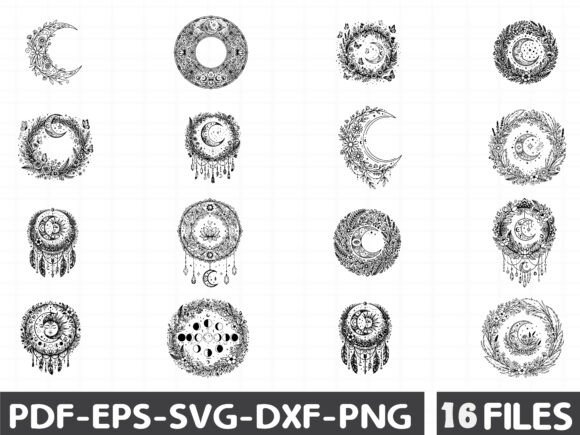 Boho Round Floral Frame with Moon Graphics and Illustrations
