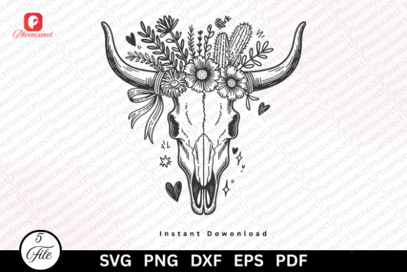 Boho Western Floral Cow Skull SVG PNG Graphics and Illustrations Review
