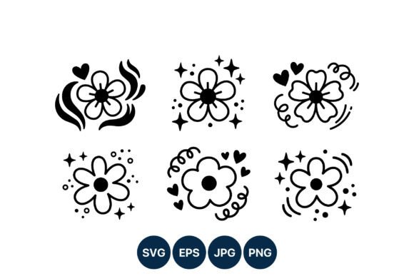 Floral Doodle Hearts Stars Swirls Black Graphics and Illustrations
