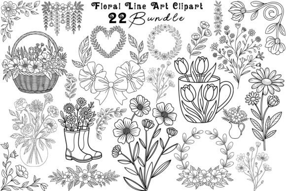 Floral Line Art Clipart Bundle: Graphics and Illustrations for Modern Design