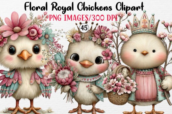Floral Royal Chickens Clipart Graphics and Illustrations
