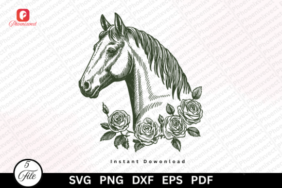 Hand Drawn Floral Rose Horse Head SVG Graphics and Illustrations