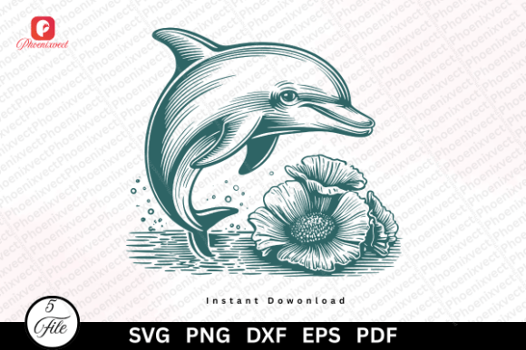 Hand Drawn Ocean Floral Dolphin SVG PNG Graphics and Illustrations