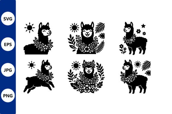 Llama Silhouettes with Floral Wreaths in Graphics and Illustrations