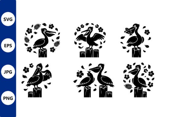 Pelican Silhouette Circle Floral Vector Graphics and Illustrations
