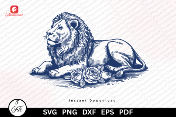 Vintage Hand Drawn Floral Lion SVG PNG