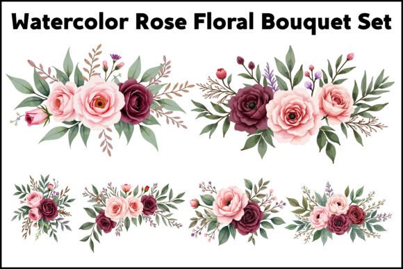 Watercolor Rose Floral Bouquet Set Graphics and Illustrations Review